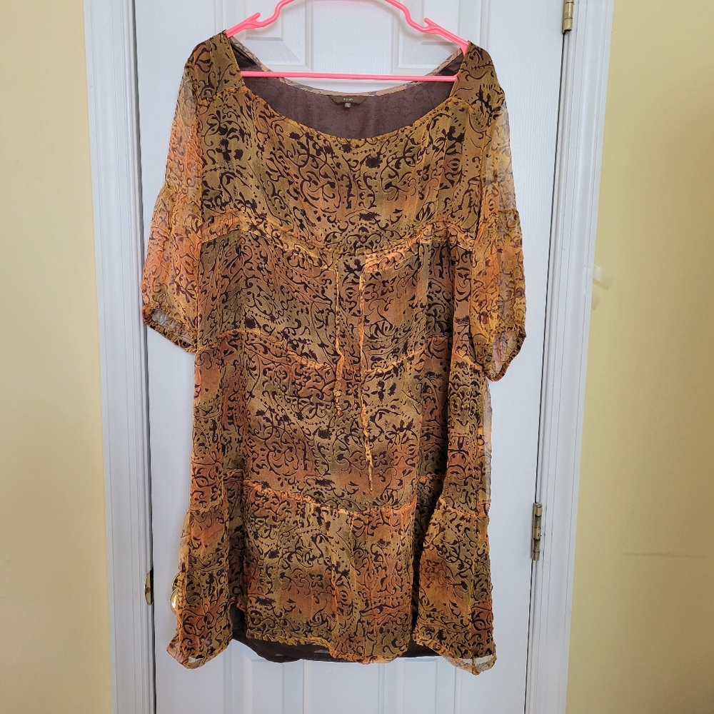 Silk Dress in Brown Tan Orange Animal Floral Print, Knee Length Boat Neck Tunic